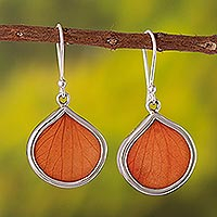 Sterling silver dangle earrings, 'Orange Hydrangea' - Sterling Silver and Orange Leaf Dangle Earrings from Peru