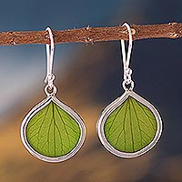 Pendientes colgantes de plata de primera ley, 'Hortensia verde primaveral' - Pendientes colgantes de plata de ley y hojas verdes de Perú
