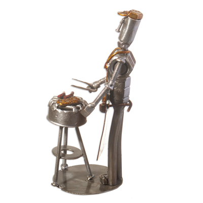 Recycled metal sculpture, 'Barbecue Time' - Recycled Metal Sculpture of Man Barbecuing