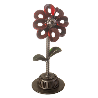 Recycled Metal Flower Sculpture with Red Petals