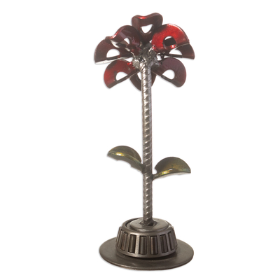 Recycled metal sculpture, 'Mechanical Flower' - Recycled Metal Flower Sculpture with Red Petals