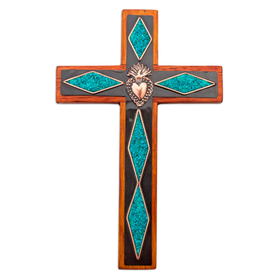Mohena Wood Wall Cross With Copper and Chrysocolla