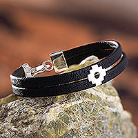 Sterling silver wristband bracelet, 'Chakana Southern Cross' - Black Faux Leather Chakana Bracelet with Sterling Silver