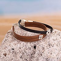 Sterling silver accented wristband bracelet, 'Universal Chakana' (pair) - Light and Dark Brown Wristbands with Sterling Silver (Pair)