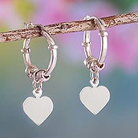 Sterling silver hoop earrings, 'Heart centre' - Polished Sterling Hoop Dangle Earrings