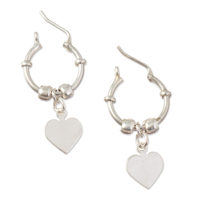 Sterling silver hoop earrings, 'Heart centre' - Polished Sterling Hoop Dangle Earrings