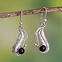 Onyx dangle earrings, 'Swaying Leaf' - Artisan Crafted Onyx Earrings