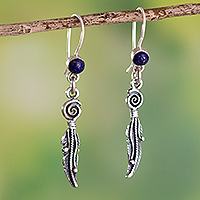 Lapis lazuli dangle earrings, 'Leaf Continuity' - Handmade 950 Silver and Lapis Earrings