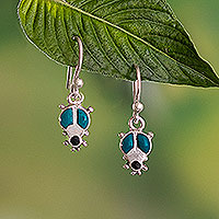 Chrysocolla and onyx dangle earrings, 'Lovely Ladybug' - Handmade Earrings with Chrysocolla