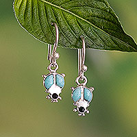 Amazonite and onyx dangle earrings, 'Lovely Ladybug' - Natural Amazonite Dangle Earrings