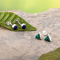 Gemstone stud earrings, 'Simple Geometry' (pair) - 950 Silver and Gemstone Stud Earrings (Pair)