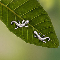 Silver stud earrings, 'Happy Lizard' - 950 Silver Stud Earrings from Peru