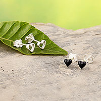 Silver and onyx stud earrings, 'Open Heart, Full Heart' (pair) - Two Pairs of Stud Earrings in 950 Silver
