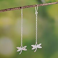 Sterling silver dangle earrings, 'Dragonfly Shine' - Long Dangle Earrings in Sterling Silver