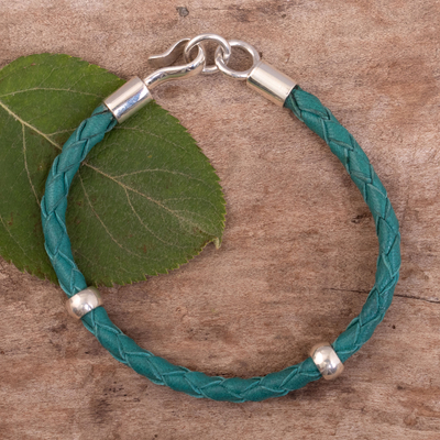 Braided leather bracelet, 'Bold Turquoise' - Handmade Turquoise Leather Braided Bracelet with Silver 925