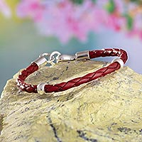 Braided leather bracelet, 'Bold Crimson' - Handmade Crimson Leather Braided Bracelet with Silver 925