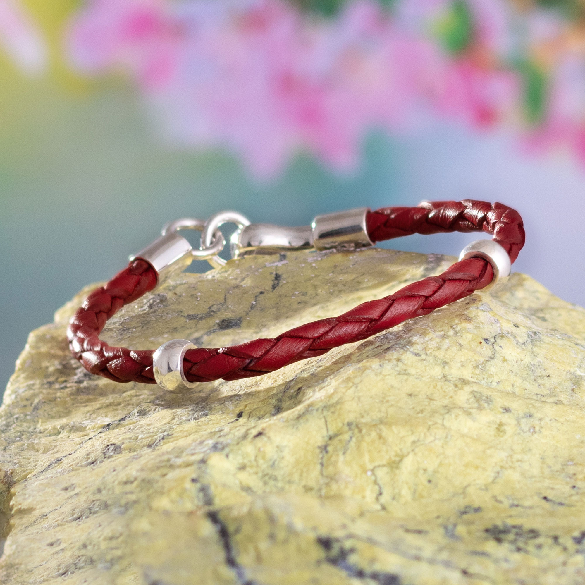 HANDMADE GARNET GEMSTONE LEATHER WRAPPED BRACELET W/ popular STERLING SILVER CLASP