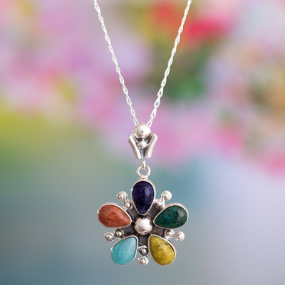 Multi-gemstone pendant necklace, 'Flower of San Juan' - Handcrafted Multi-Gemstone Necklace