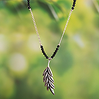 Onyx pendant necklace, 'Natural Nocturne' - Leaf Motif Pendant Necklace