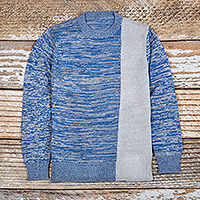 Suéter de hombre en mezcla de algodón, 'Sky Blue' - Suéter de Punto Azul Beige de Algodón para Hombre Hecho en Perú