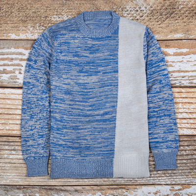 Jersey de hombre en una mezcla de algodón - Suéter de Punto Azul Beige de Algodón para Hombre Hecho en Perú