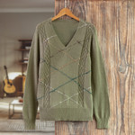 Men's cotton blend sweater, 'Comfort in Sage' - Men's Andean Cotton Blend Pullover Sweater in Green