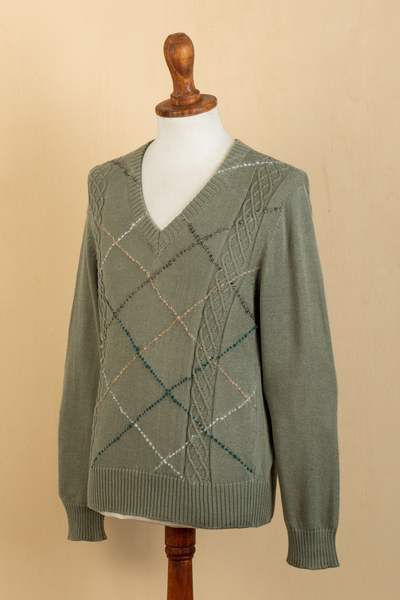 Jersey de hombre en mezcla de algodón - Suéter tipo jersey de mezcla de algodón andino para hombre en verde