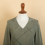 Men's cotton blend sweater, 'Comfort in Sage' - Men's Andean Cotton Blend Pullover Sweater in Green