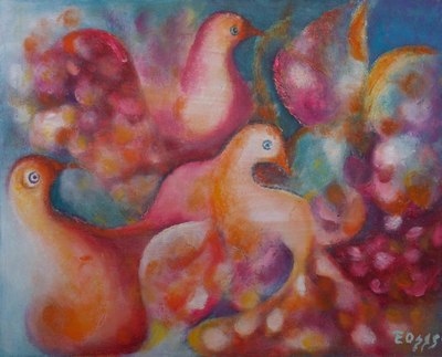 Andean Fantasy Painting of Doves and Flowers at Dawn