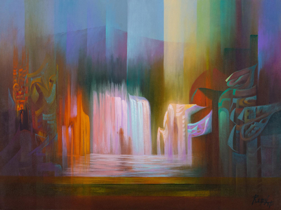 'Encounters II' - Andean Waterfall Landscape Painting in Luminous Colors