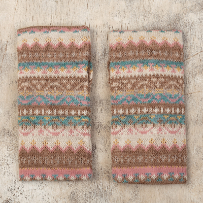 100% alpaca fingerless mitts, 'Tan Pastels' - Fingerless Mitts Knitted from 100% Alpaca in Peru