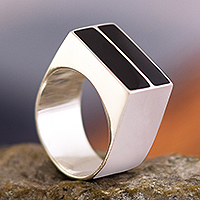 Obsidian signet ring, 'Symmetry' - Wide Sterling Ring with Obsidian