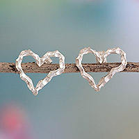 Sterling silver button earrings, 'Love Always' - Heart Earrings in Sterling Silver