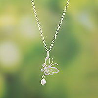 Cultured pearl pendant necklace, 'Butterfly Style' - Modern Sterling Pendant Necklace with Cultured Pearl