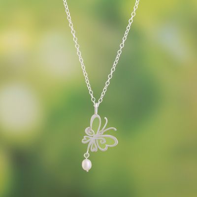 Cultured pearl pendant necklace, 'Butterfly Style' - Modern Sterling Pendant Necklace with Cultured Pearl