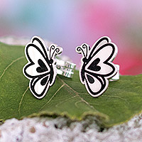 Sterling silver button earrings, 'Butterfly Sketch' - Artisan Crafted Button Earrings