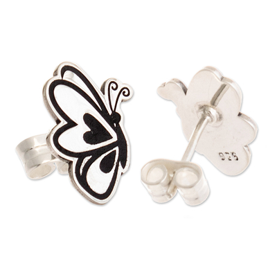 Sterling silver button earrings, 'Butterfly Sketch' - Artisan Crafted Button Earrings