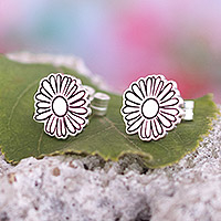 Sterling silver button earrings, 'Daisy Sketch' - Artisan Crafted Flower Button Earrings