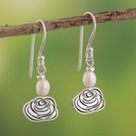 Cultured pearl dangle earrings, 'Rose Sketch' - Floral Motif Sterling Silver Earrings with Cultured Pearls