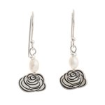 Cultured pearl dangle earrings, 'Rose Sketch' - Floral Motif Sterling Silver Earrings with Cultured Pearls