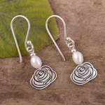 Cultured pearl dangle earrings, 'Rose Sketch' - Floral Motif Sterling Silver Earrings with Cultured Pearls