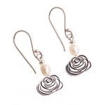 Cultured pearl dangle earrings, 'Rose Sketch' - Floral Motif Sterling Silver Earrings with Cultured Pearls