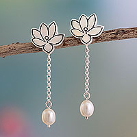 Cultured pearl dangle earrings, 'Lotus Sketch' - Floral Earrings with Cultured Pearls