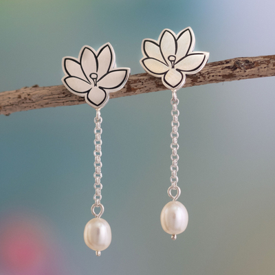 Aretes colgantes de perlas cultivadas - Aretes florales con perlas cultivadas