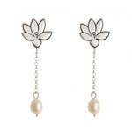 Cultured pearl dangle earrings, 'Lotus Sketch' - Floral Sterling Silver Dangle Earrings with Cultured Pearls