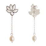 Cultured pearl dangle earrings, 'Lotus Sketch' - Floral Sterling Silver Dangle Earrings with Cultured Pearls