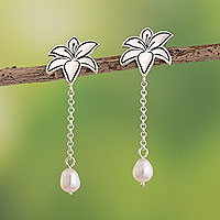 Cultured pearl dangle earrings, 'Lily Sketch'