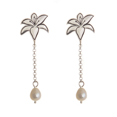 Cultured pearl dangle earrings, 'Lily Sketch' - Sterling Silver Flower Earrings