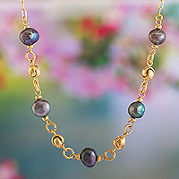 Collar de eslabones de perlas cultivadas con baño de oro, 'Rio Elegance' - Collar de eslabones de perlas grises cultivadas