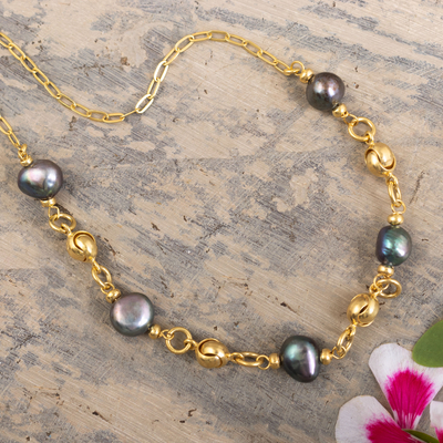 Gold-plated cultured pearl link necklace, 'Rio Elegance' - Cultured Grey Pearl Link Necklace